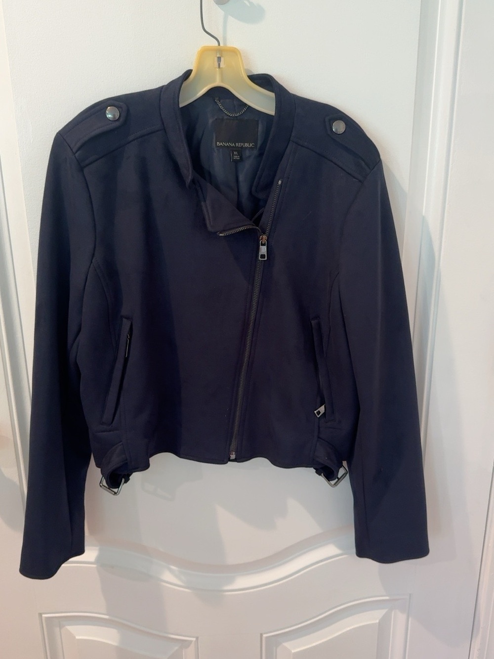 Banana Republic Navy Faux Suede Moto Jacket XL Cropped Biker Asym Zip